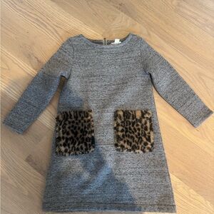 Crewcuts girls XS Gray Dress with Leopard Print furry Pockets